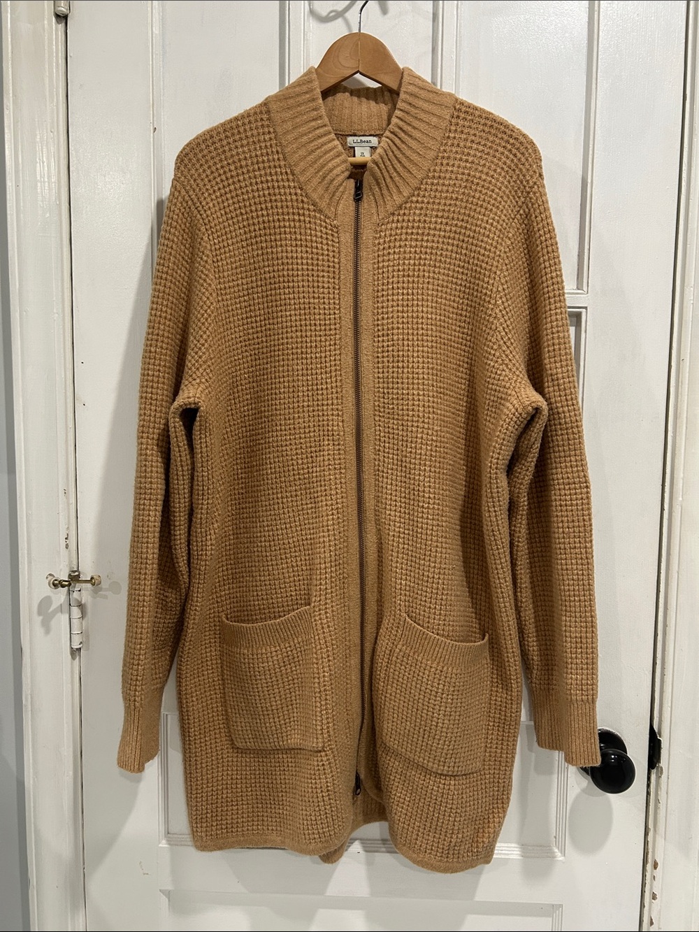 L.L. Bean Plus Waffle Knit Full Zip Coatigan Camel Tan Long Cardigan Sweater 1X
